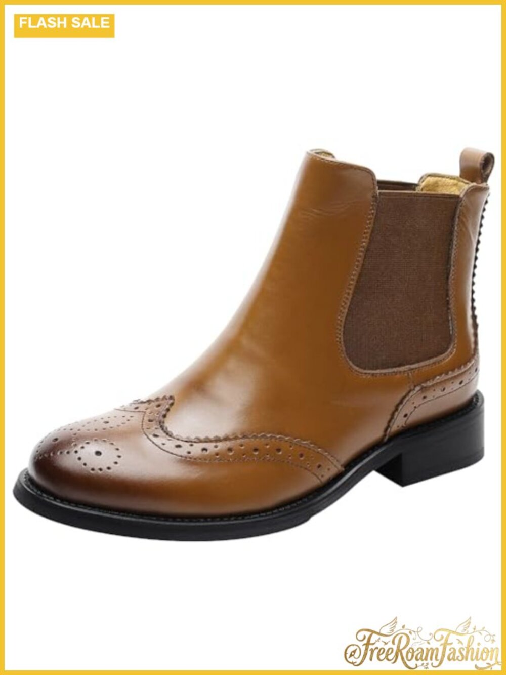 Genuine Leather Chelsea Ankle Boots Brogue Wingtip Slip On Comfort Low Heel